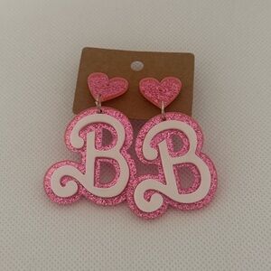 Barbie Pink Glitter ‘B’ Earrings – Heart Accent Dangle Statement Jewelry – NWT